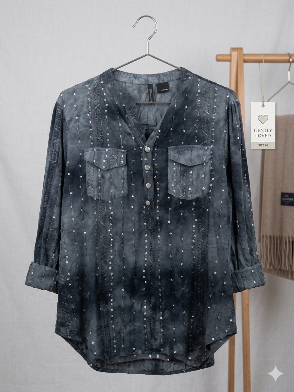 Stud-Embellished Dark Gray Women's Button V-Neck Blouse
